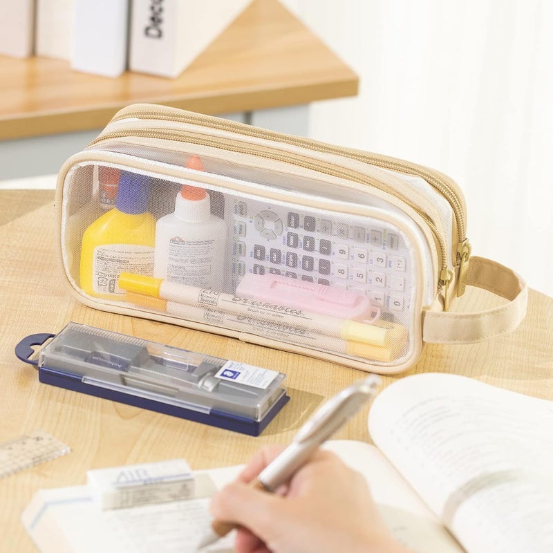 ANGOOBABY Large Grid Mesh Pencil Case 2 Compartment Pen Bag Clear Handheld Multifunction Pencil Pouch Transparent Makeup Bag for Teen Student College Business Travel Office Adult - Beige - Image 5